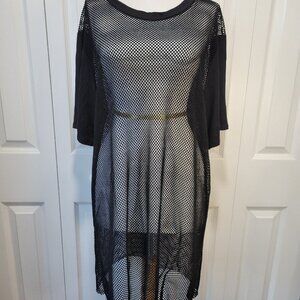 Black Mesh Fishnet Long Shirt Dress Cover-Up Top w/ Solid Short Sleeves sz XXL